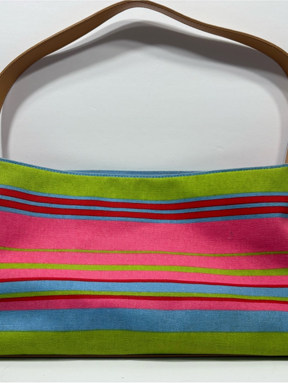 Striped Canvas Shoulder Bag in Pink and Lime with Tan Strap